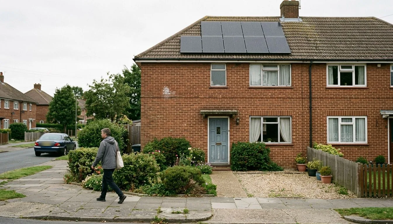 Woman walking past a red-brick semi-detached house with solar panels on the roof