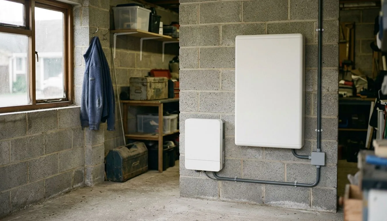 Wall-mounted home battery and inverter units inside a breeze-block garage