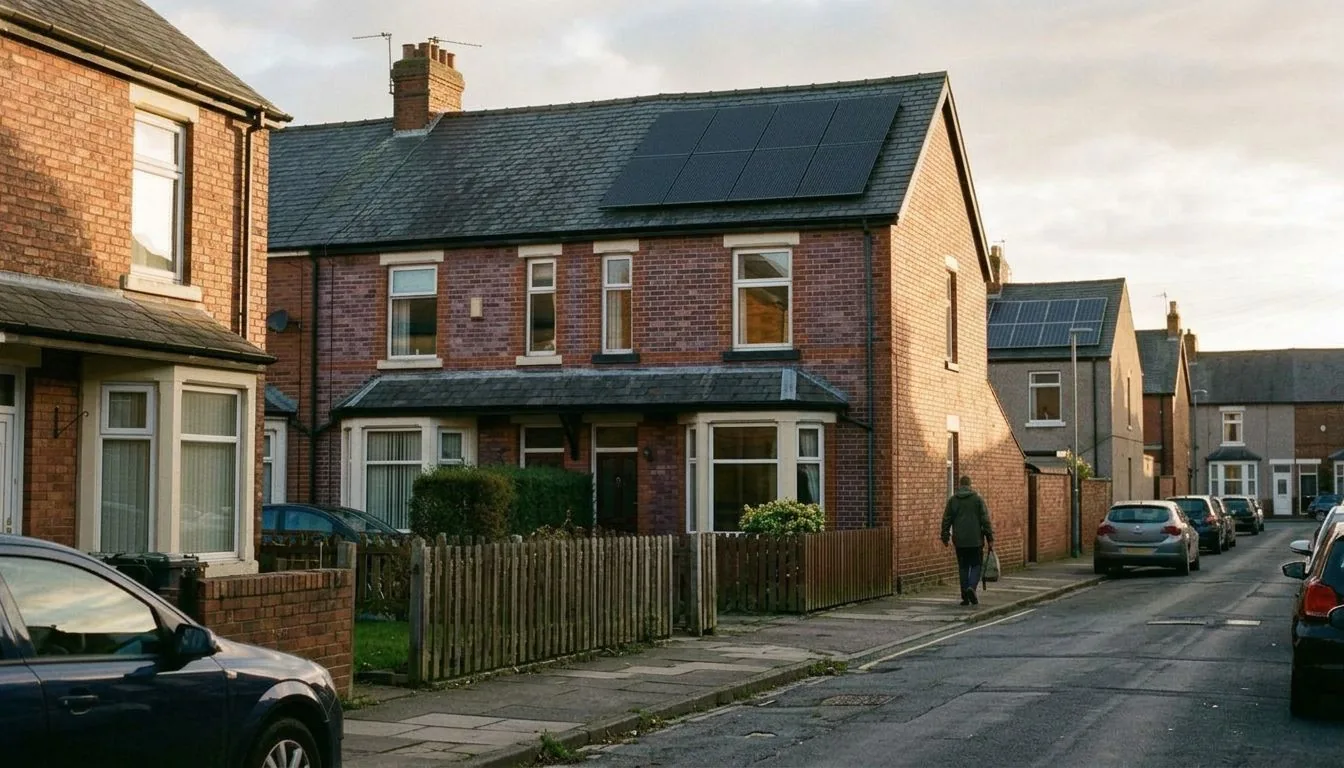 Street of red-brick terraced houses with solar panels on a slate roof