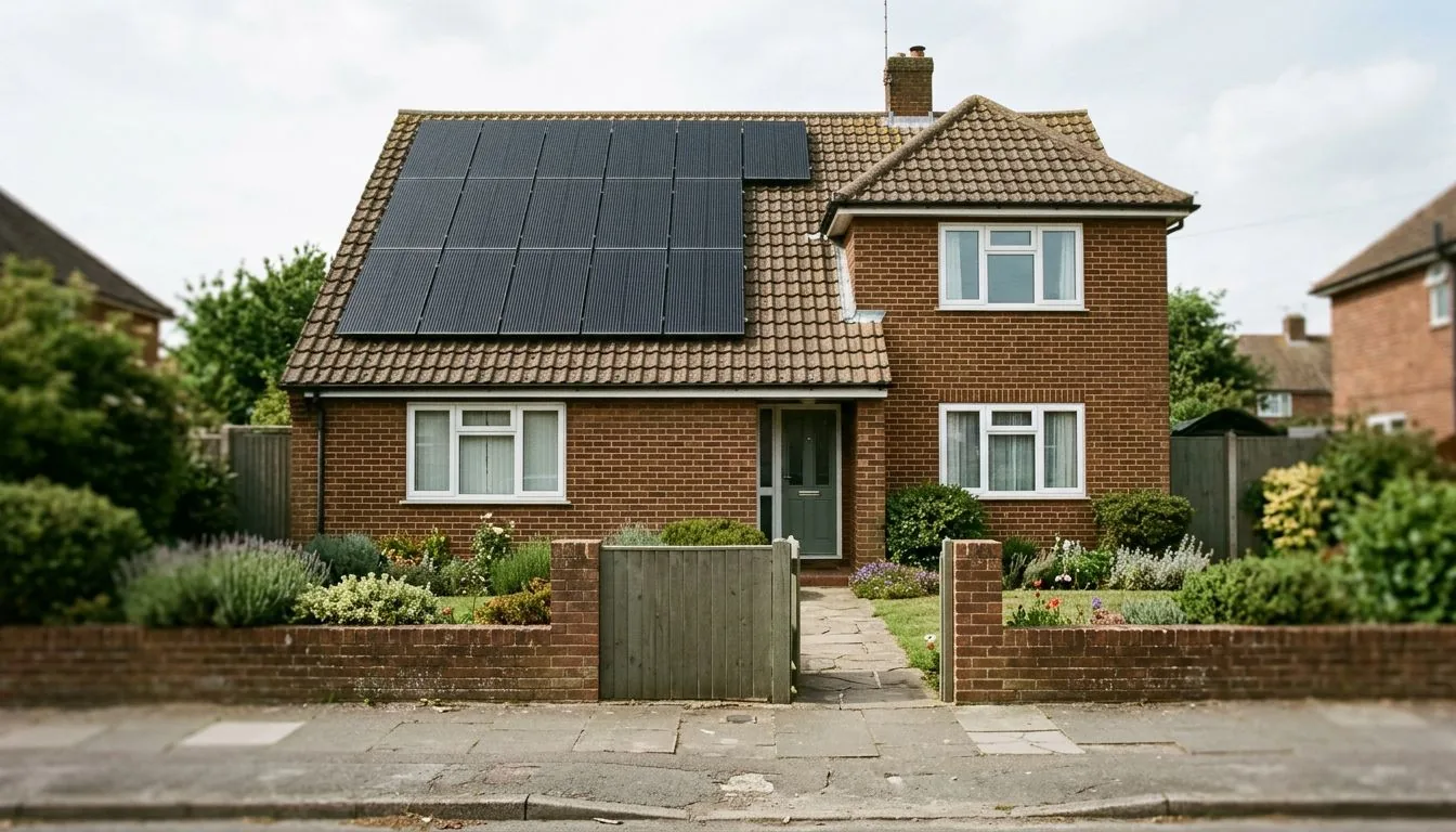 Detached brick house with a large roof solar array behind a low front wall