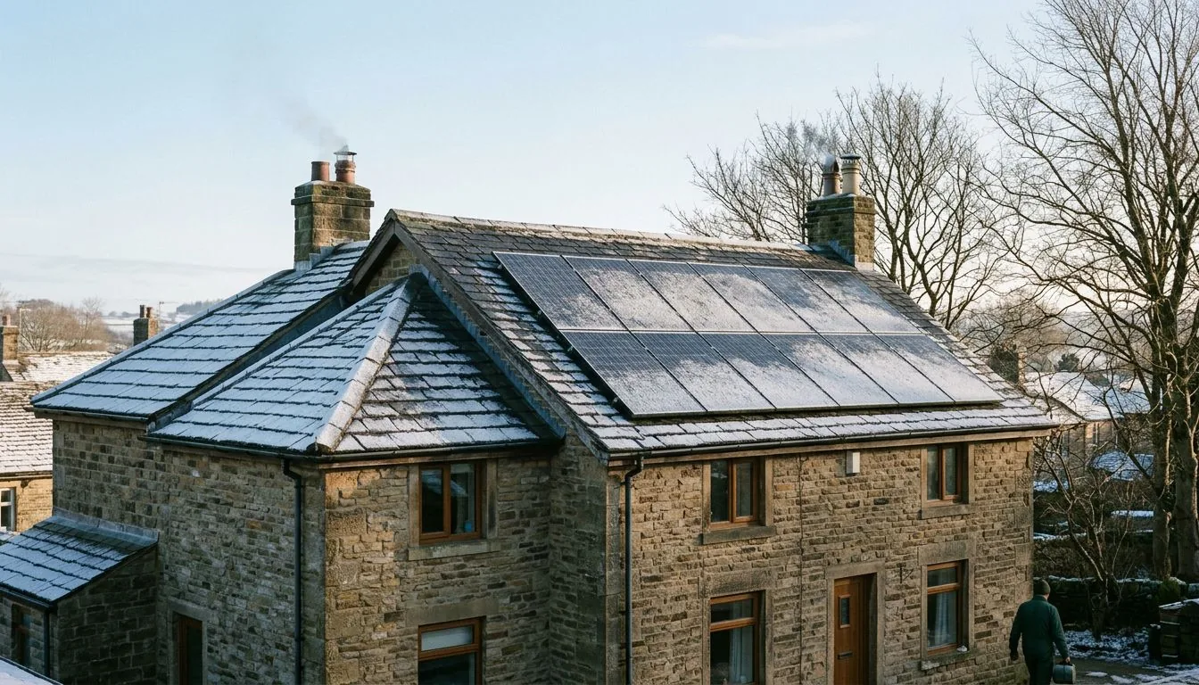 Stone house with rooftop solar panels under a pale winter sky and bare trees