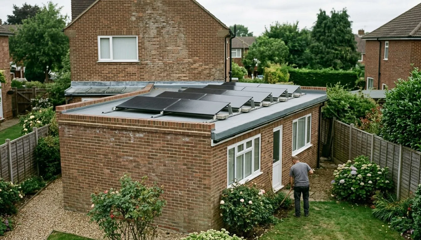 Tilted solar panels on the flat roof of a brick single-storey rear extension