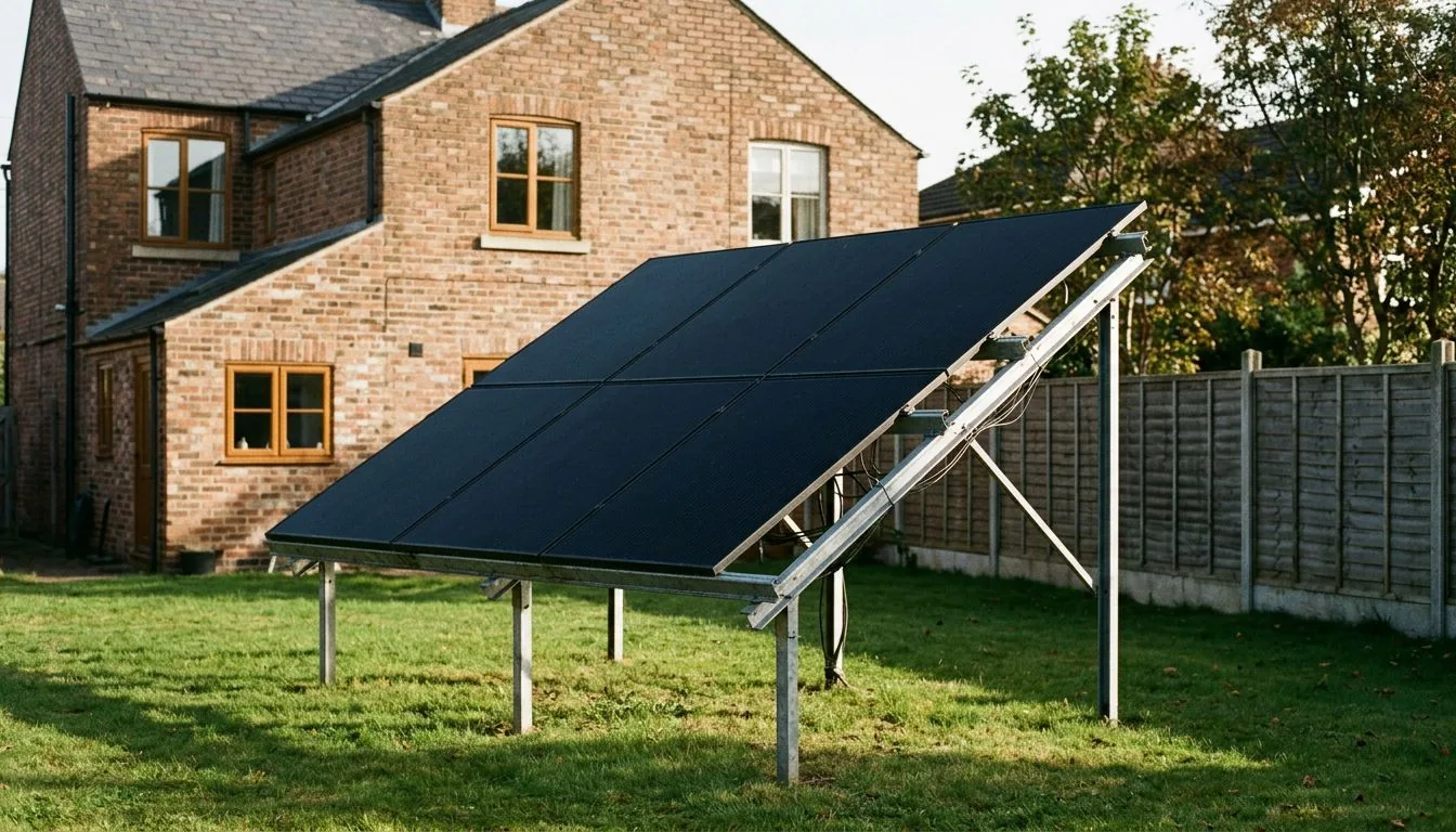 Ground-mounted solar array on a metal frame in a lawned back garden