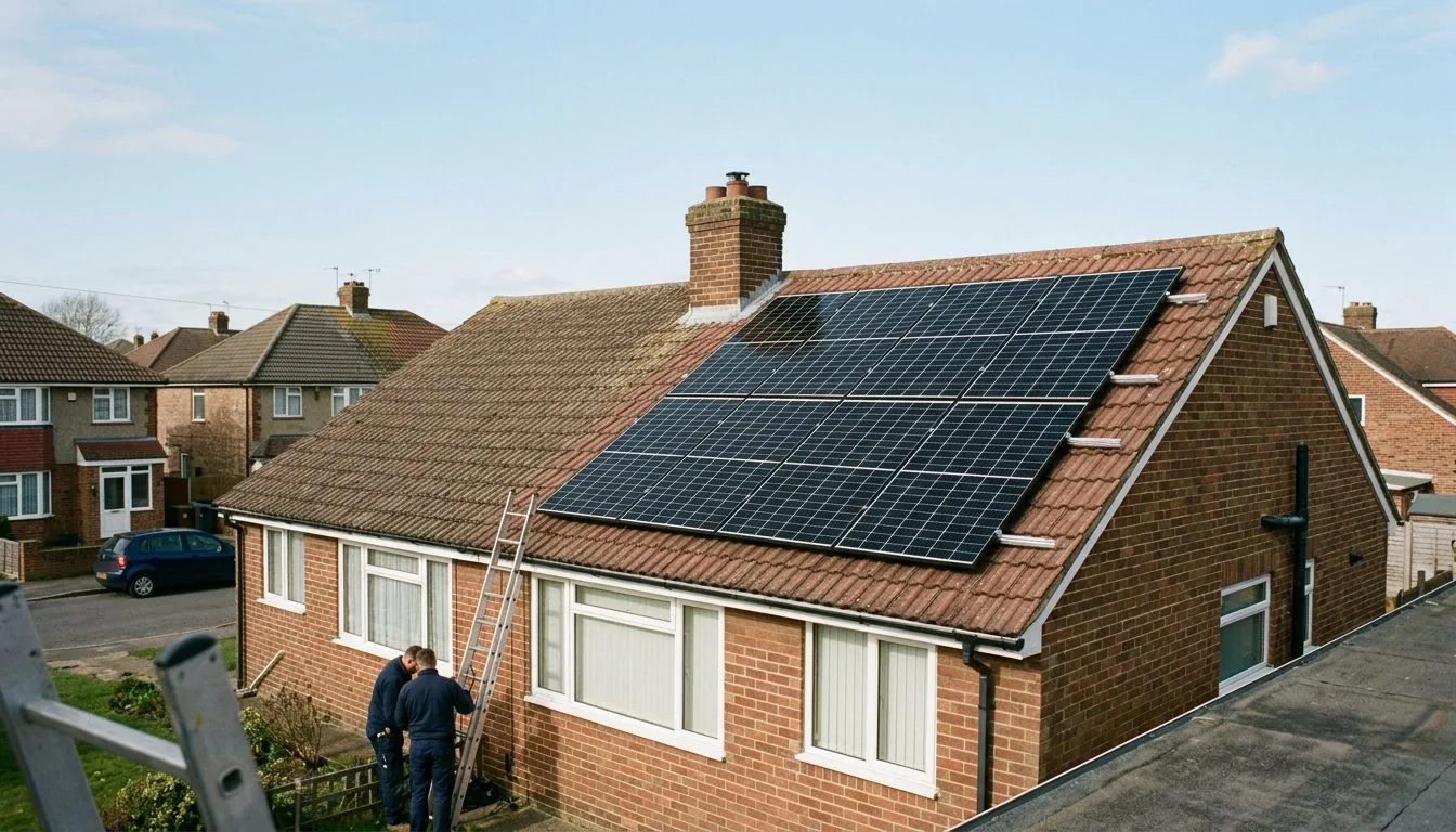 Brick bungalow with a roof full of solar panels and an installer on a ladder
