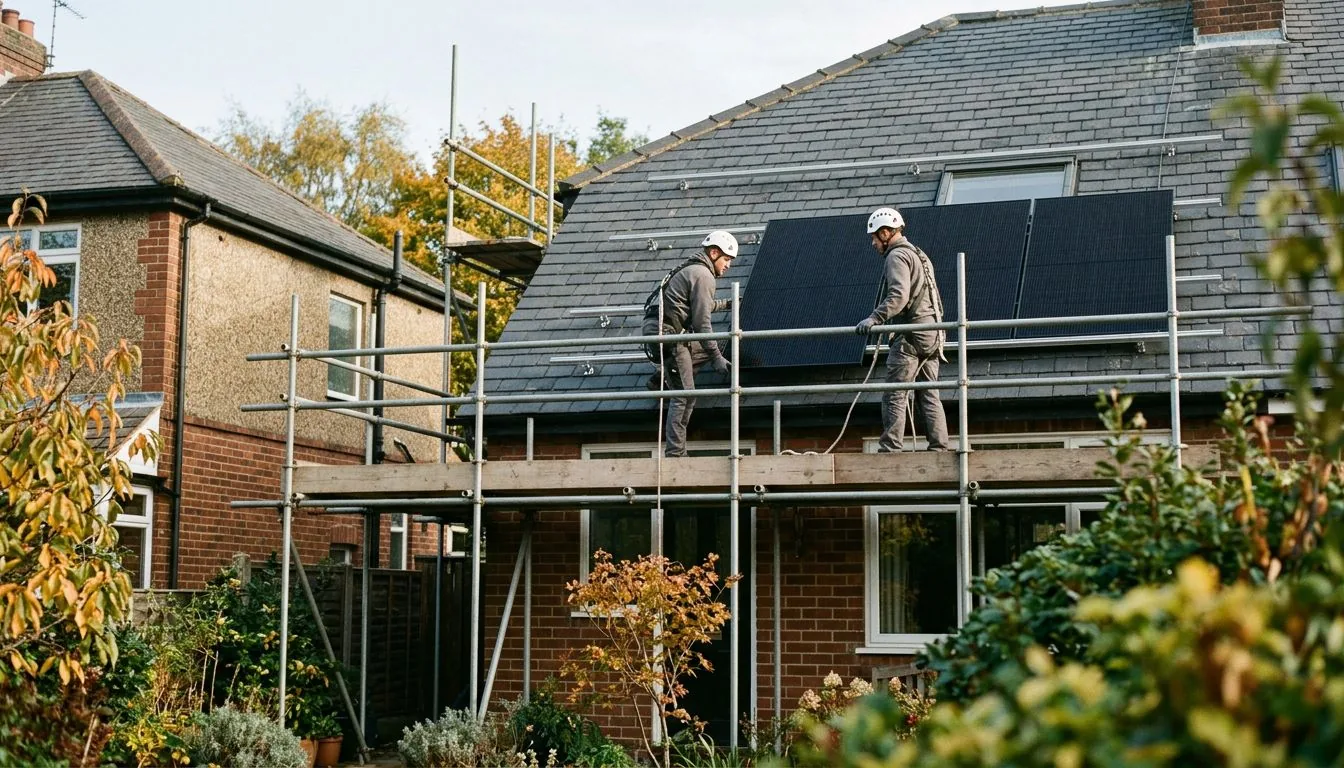 Two installers in plain workwear and white helmets fit black solar panels on a slate roof from scaffolding
