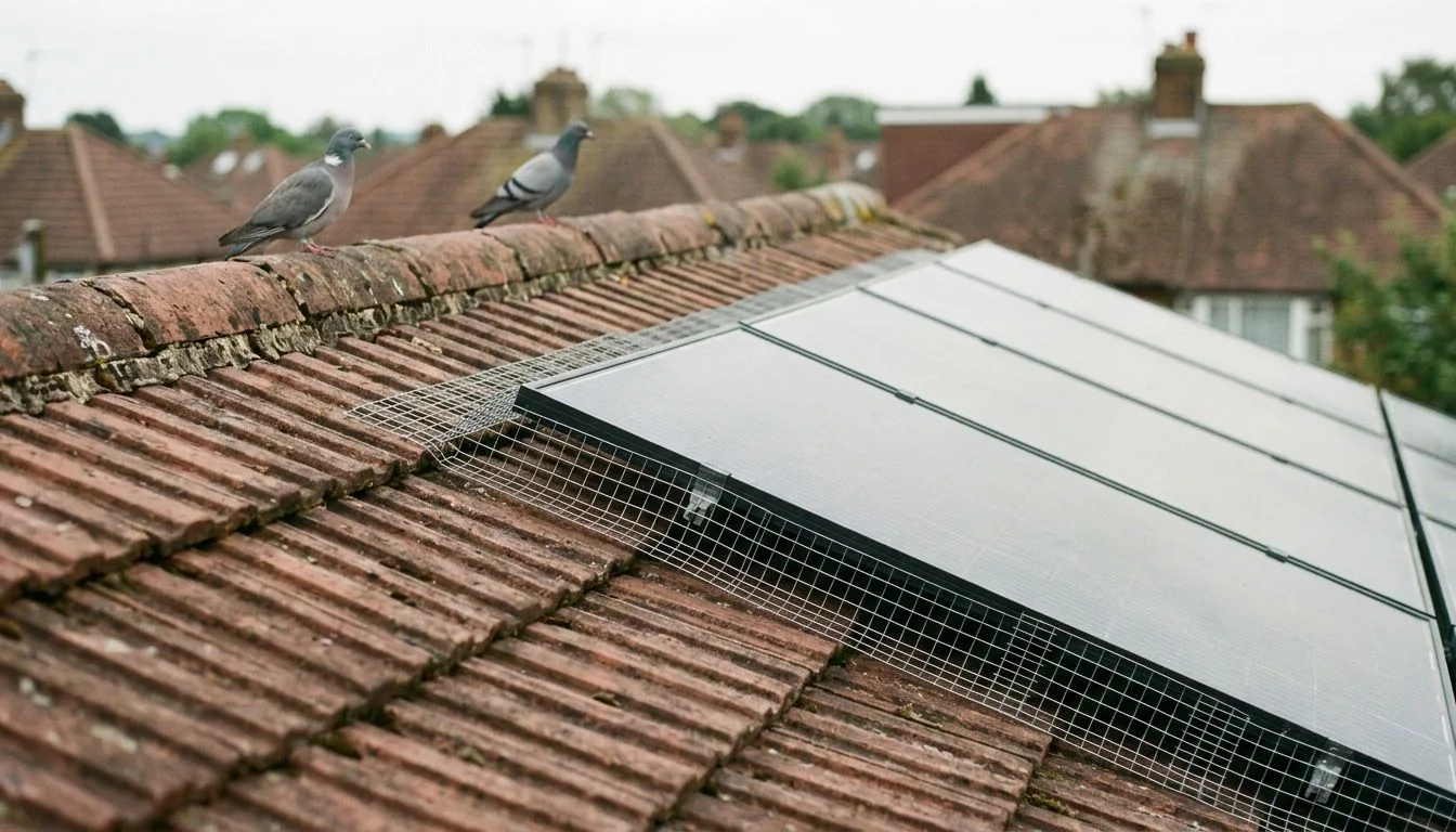 Solar panels on a tiled roof edged with pigeon-proofing mesh, pigeons on the ridge