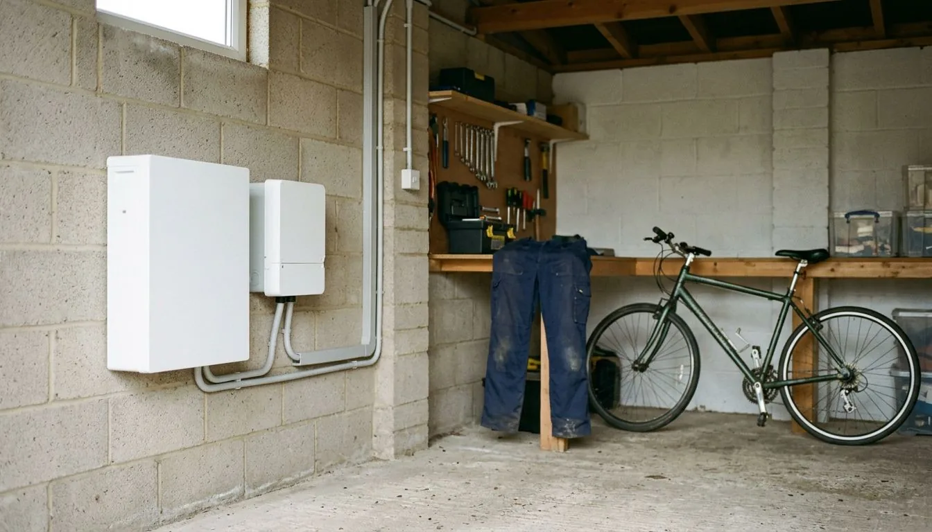 Home battery and inverter on a garage wall beside a workbench and bicycle
