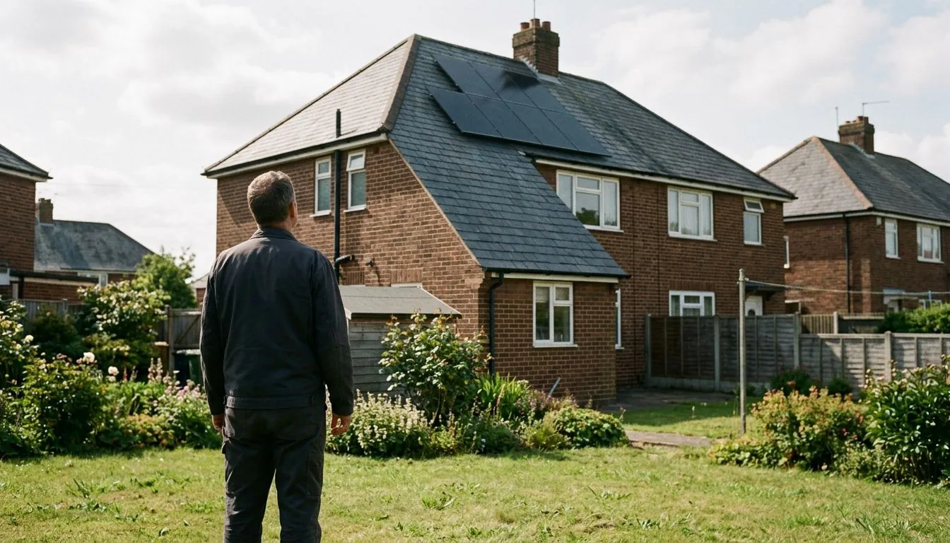 Man standing on a lawn looking up at a brick house with roof solar panels