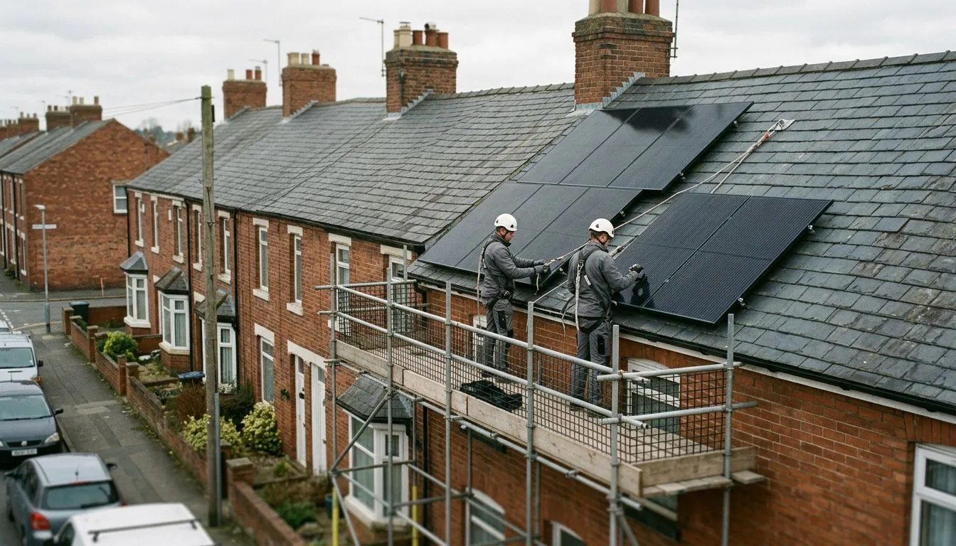 Installers on scaffolding fitting solar panels to a red-brick terrace roof