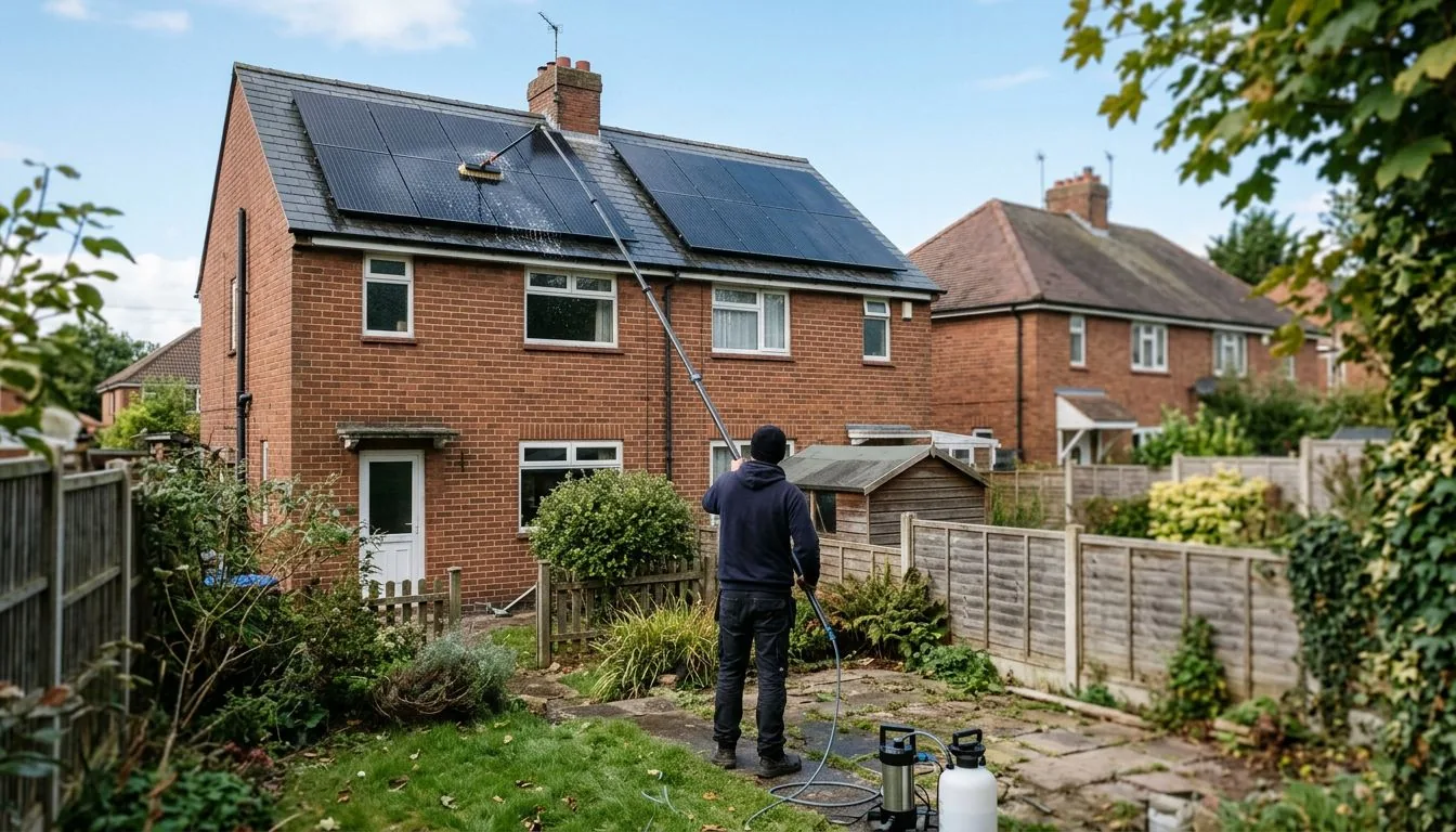 Man cleaning rooftop solar panels with a long water-fed pole from the garden