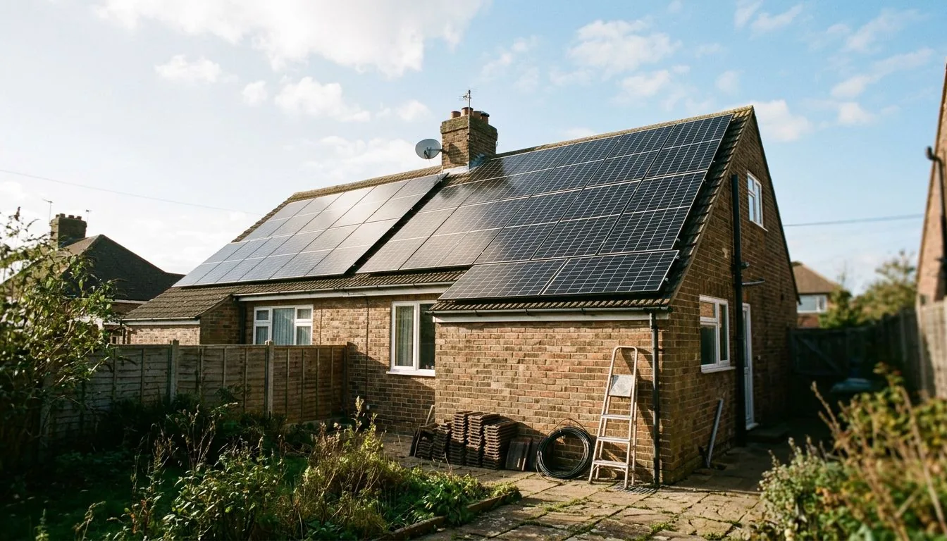 Brick bungalow with a full array of solar panels on both roof slopes