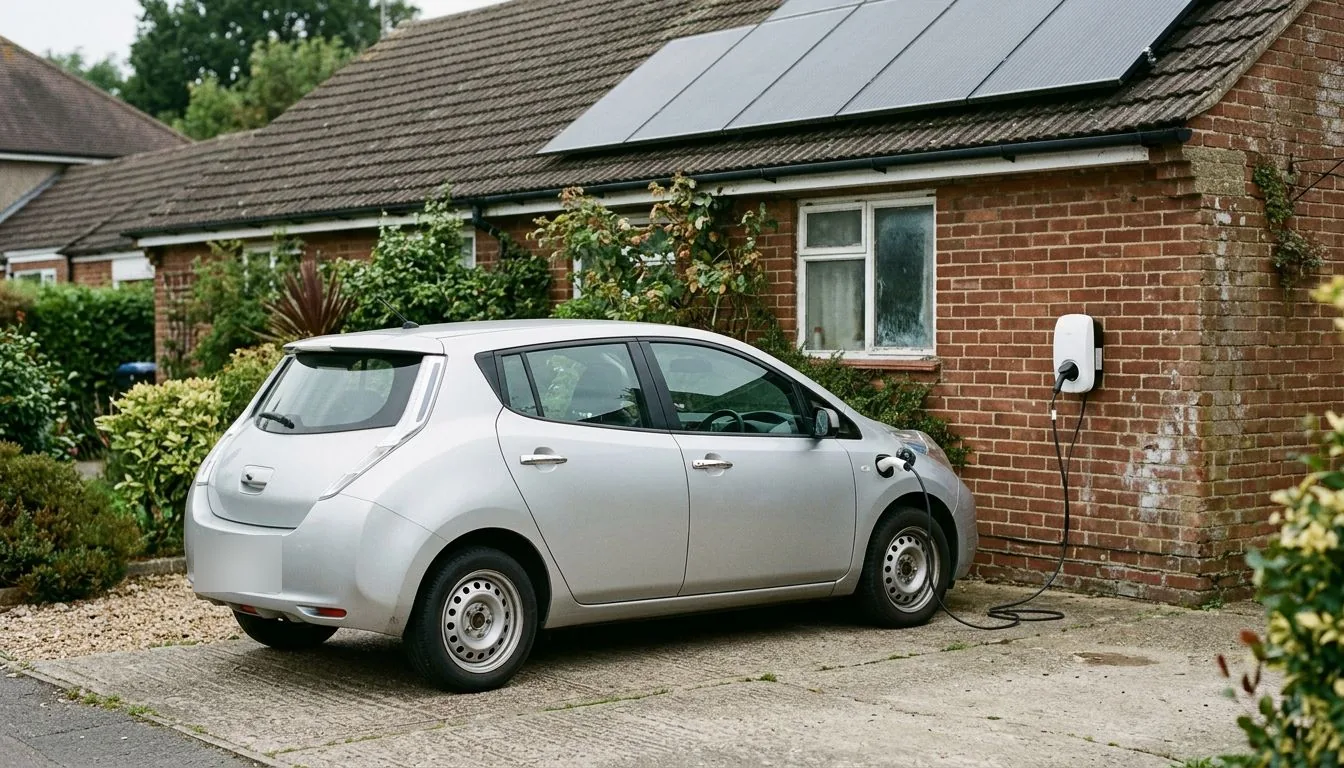 Electric car parked on a driveway beside a wall charger under a solar roof