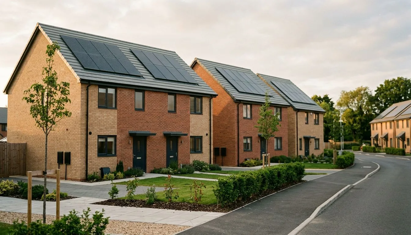 Modern new-build brick houses with integrated roof solar panels along a new estate road