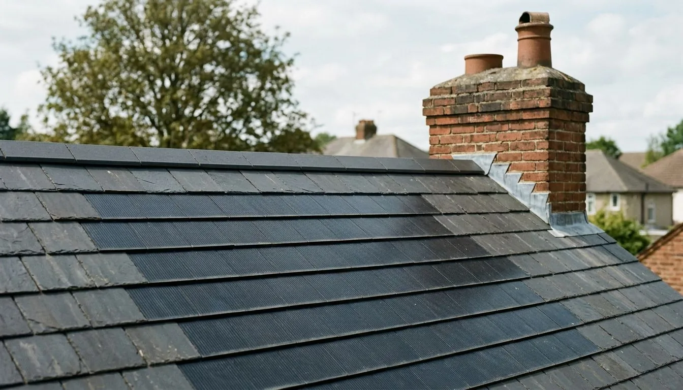 Close-up of a roof covered in dark integrated solar roof tiles beside a chimney