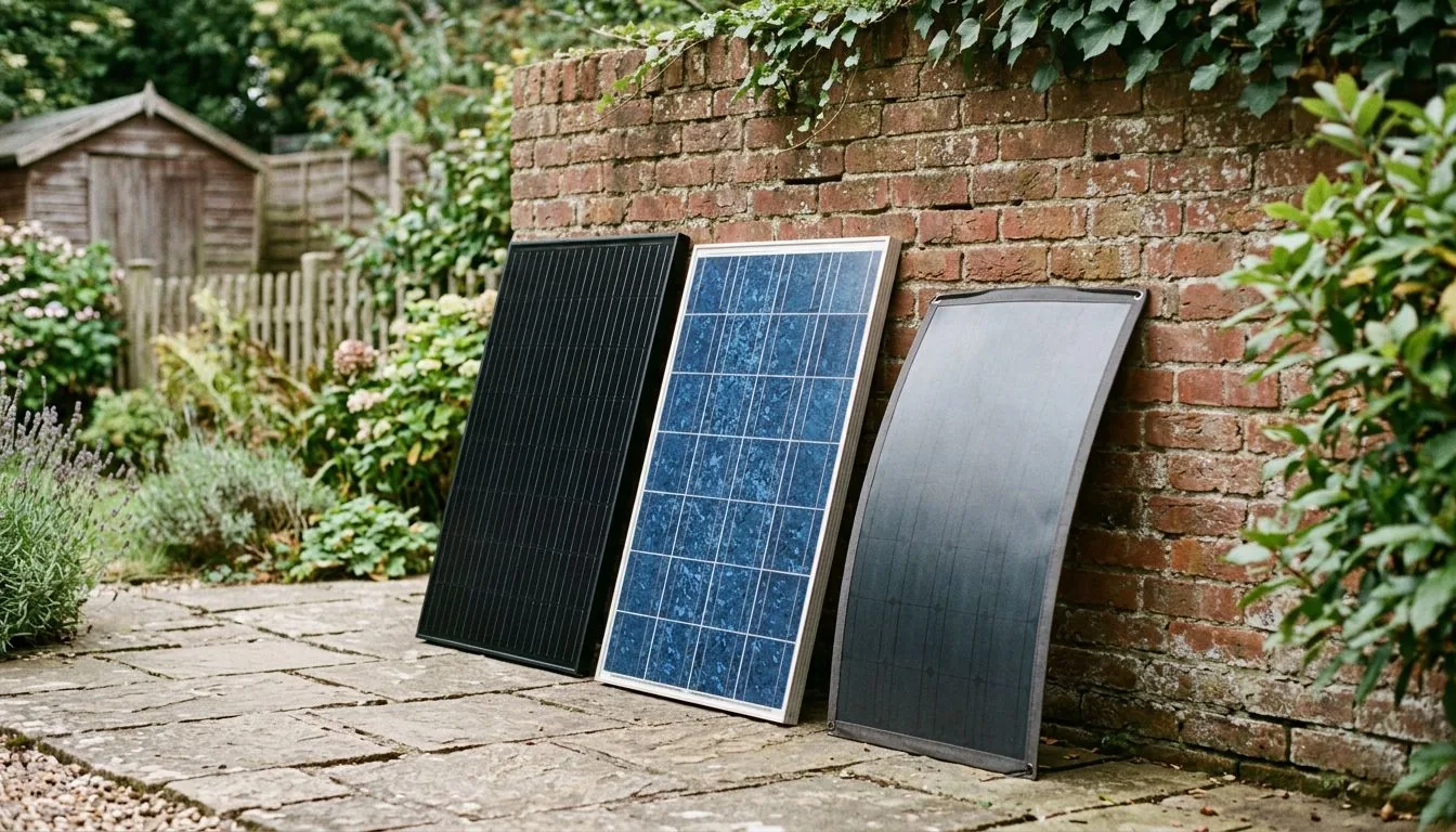 Three different solar panel types leaning against a garden brick wall for comparison