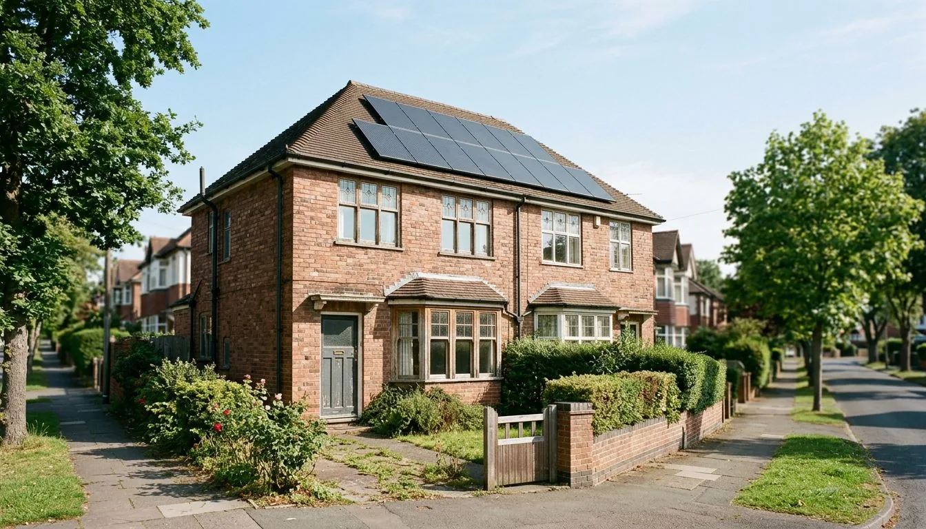 Red-brick semi-detached house with rooftop solar panels on a leafy suburban street