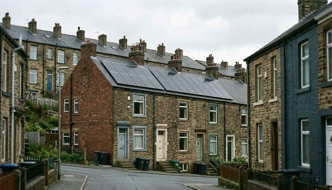 Rows of brick and stone terraced houses with slate roofs on a sloping street
