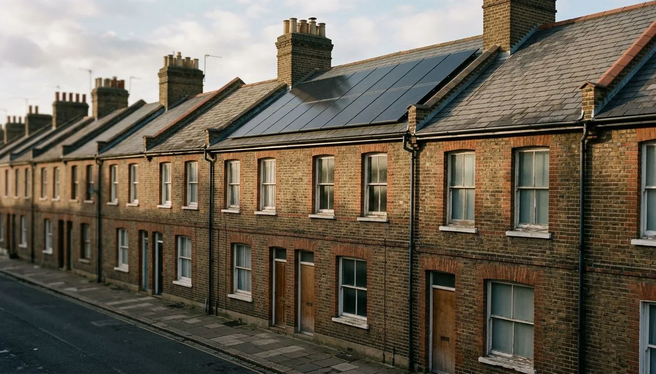 Long Victorian red-brick terrace with chimneys and grey slate roofs along a quiet road