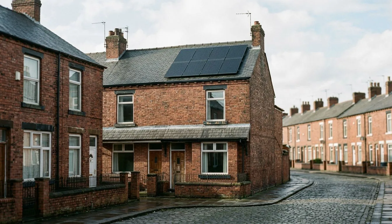 Red-brick terraced houses with solar panels on the roof beside a cobbled street