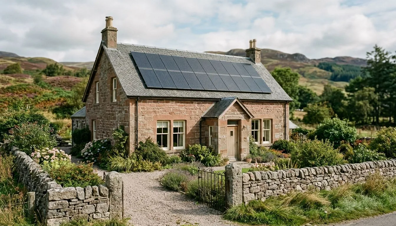 Stone cottage with rooftop solar panels set among hills and a cottage garden