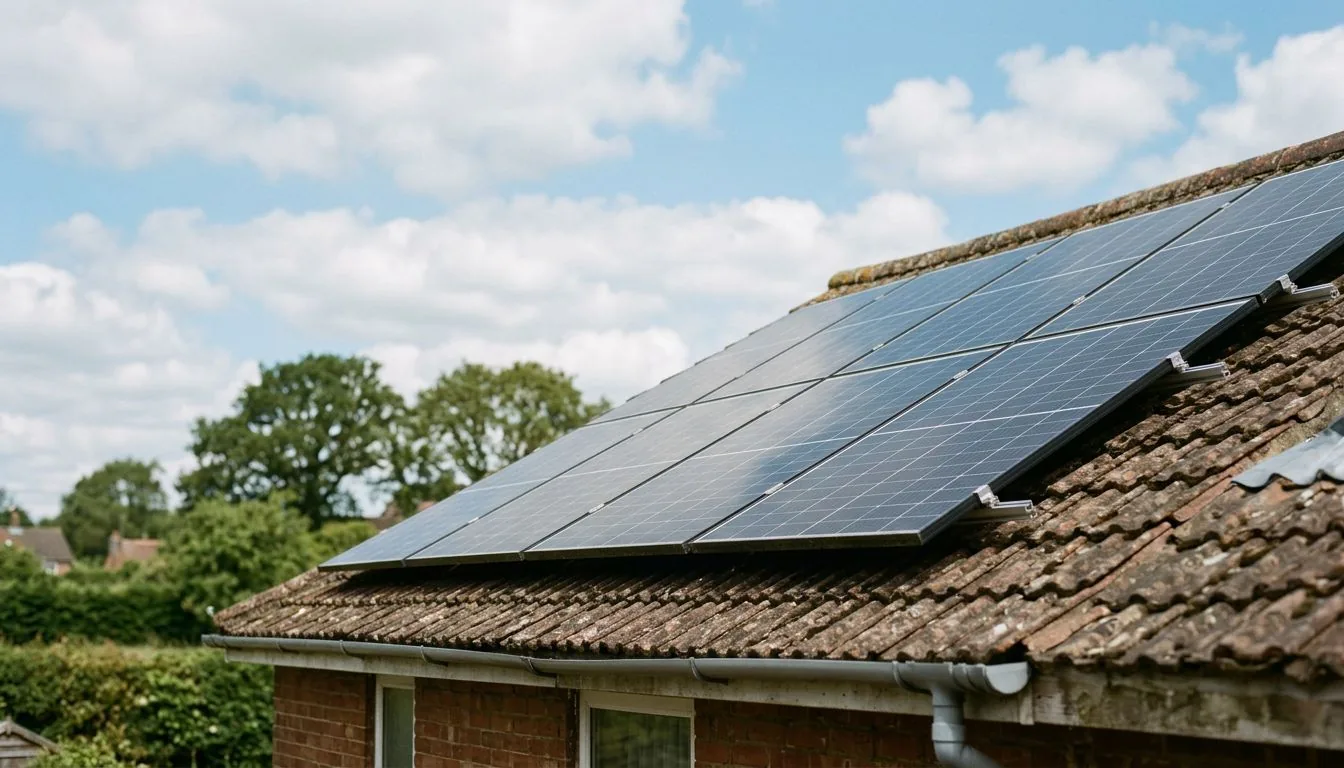 Close-up of black solar panels on a clay-tiled roof with trees and blue sky