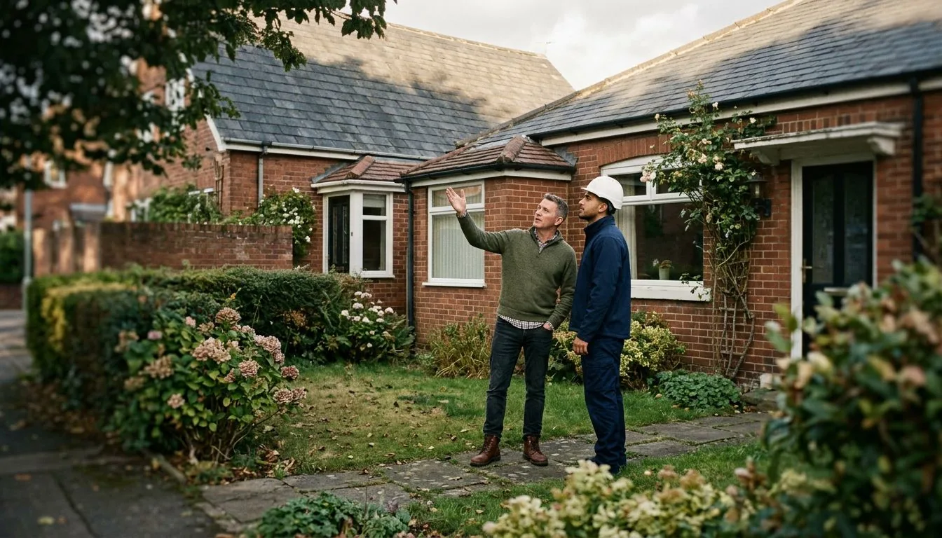 Homeowner and installer in a front garden pointing up at a brick house roof