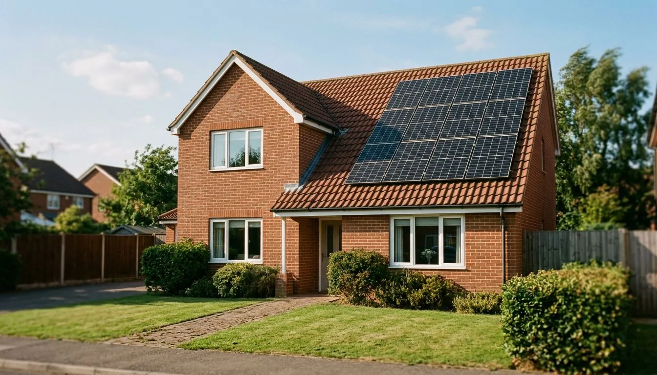 Detached red-brick house with a solar array on its tiled roof and neat front lawn