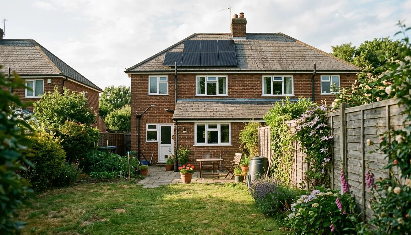Red-brick semi-detached house with roof solar panels seen across a sunny back garden