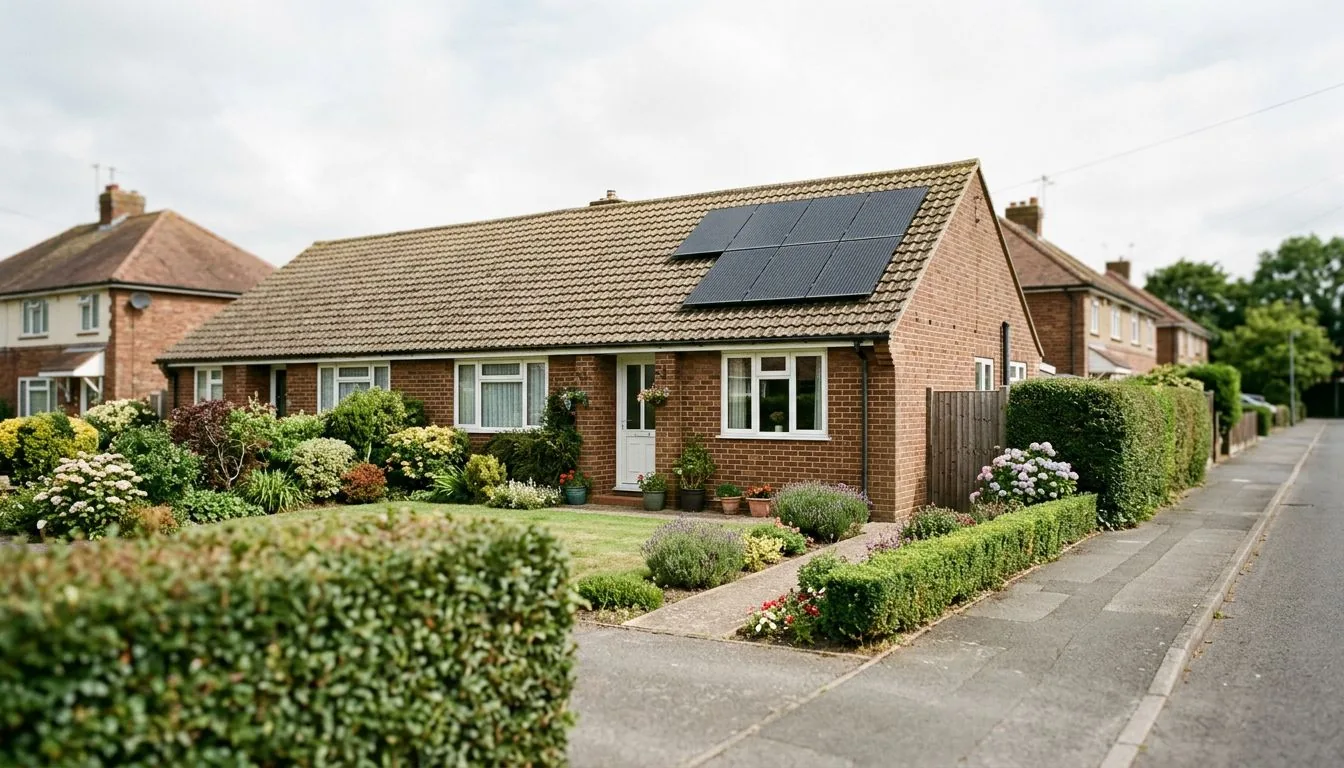 Brick bungalow with a few solar panels on its roof behind a trimmed hedge