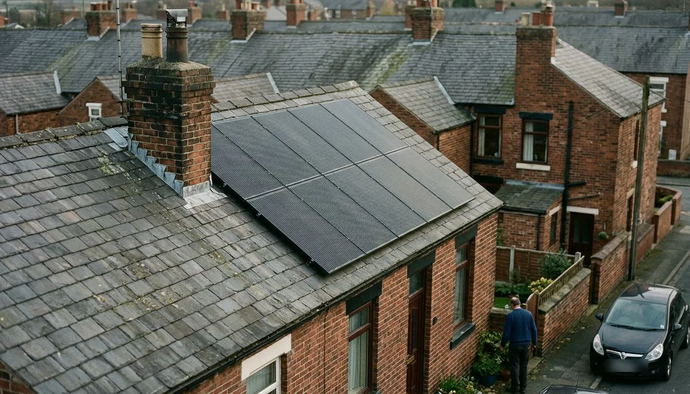 Black solar panels on a slate terrace roof with chimneys and a parked car below